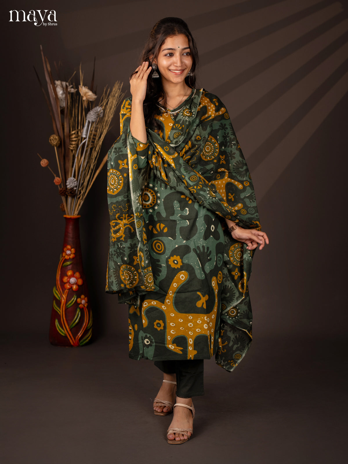 Green Cotton 3Pc Salwar Suit With Floral Print - Top.Bottom& Dupatta