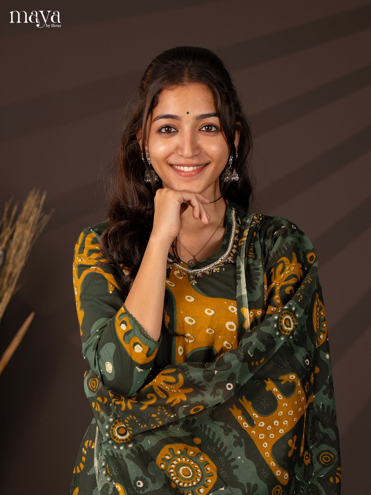 Green Cotton 3Pc Salwar Suit With Floral Print - Top.Bottom& Dupatta