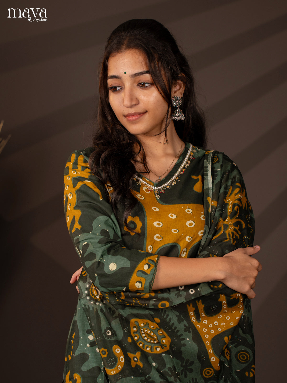 Green Cotton 3Pc Salwar Suit With Floral Print - Top.Bottom& Dupatta