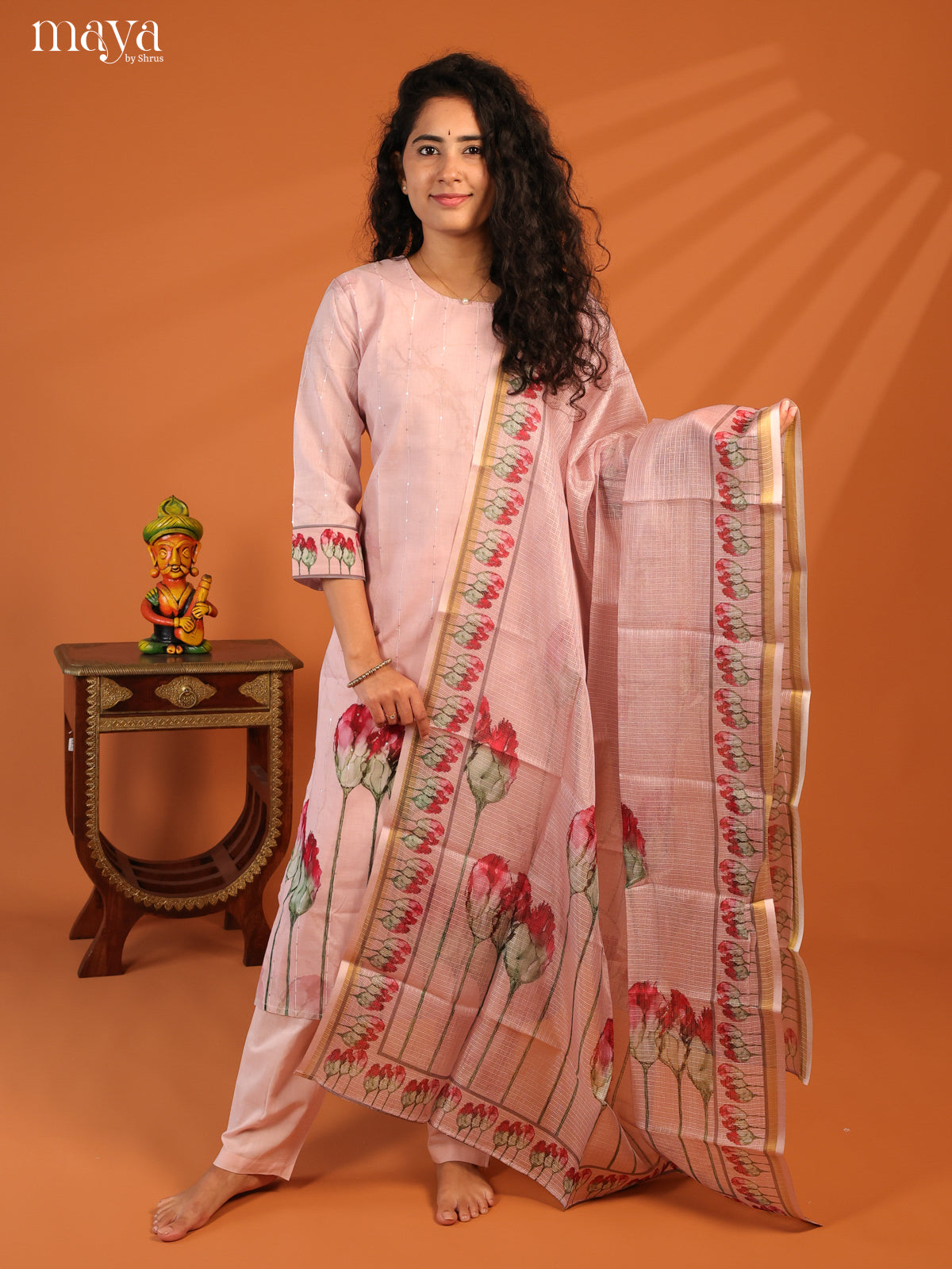 Pink Cotton 3Pc Salwar Suit With Floral Print - Top, Bottom & Dupatta