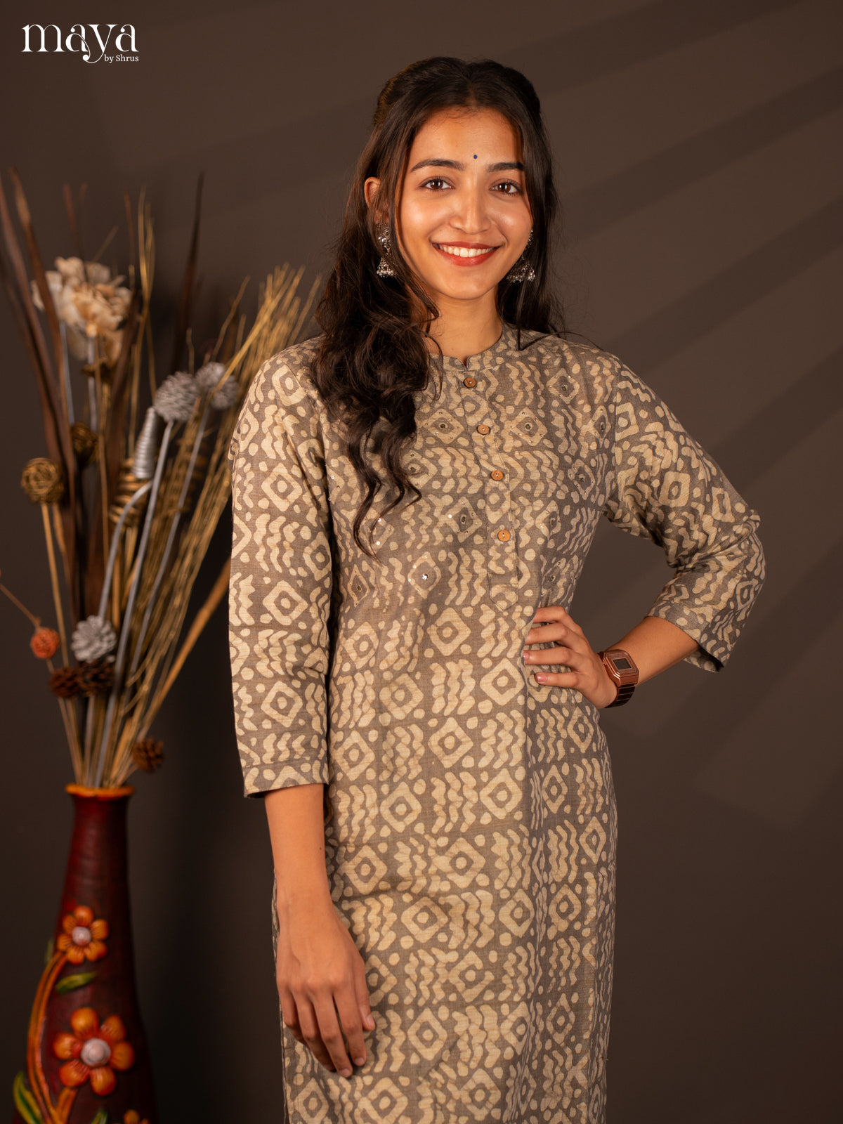 Grey Batik Printed Cotton Kurti