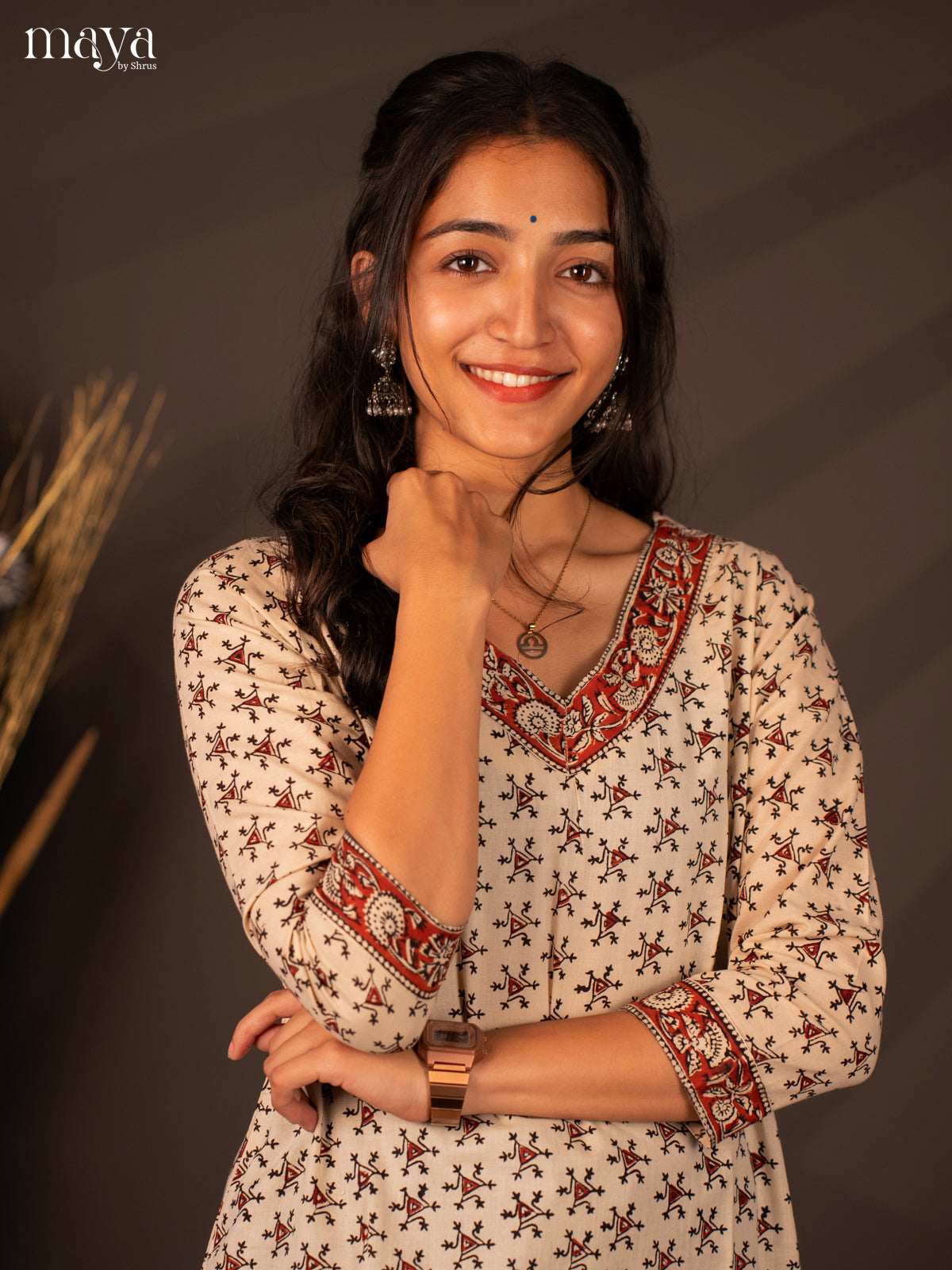 Cream Warli Printed Cotton Kurti