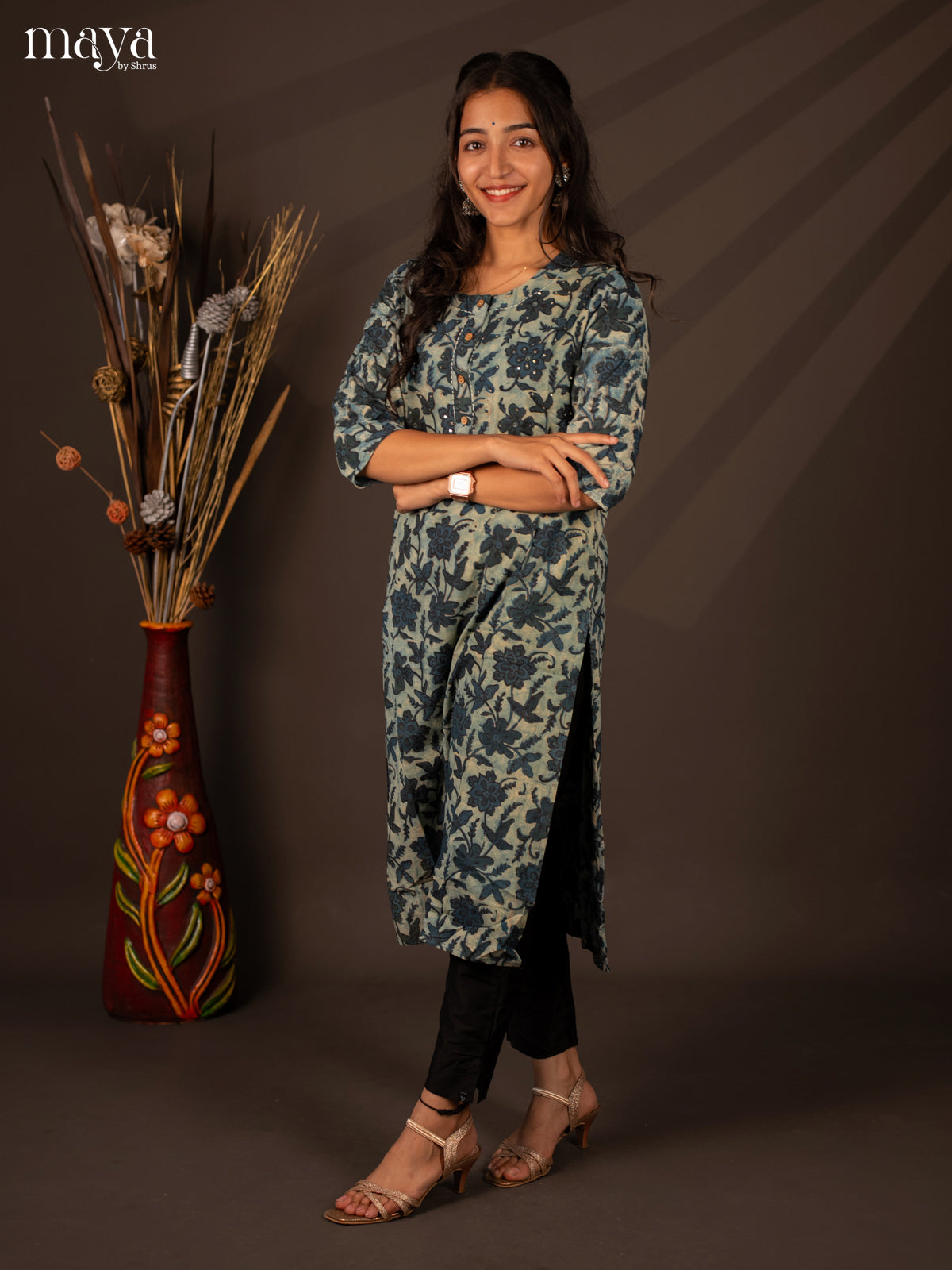 Blue Floral Printed Cotton Kurti