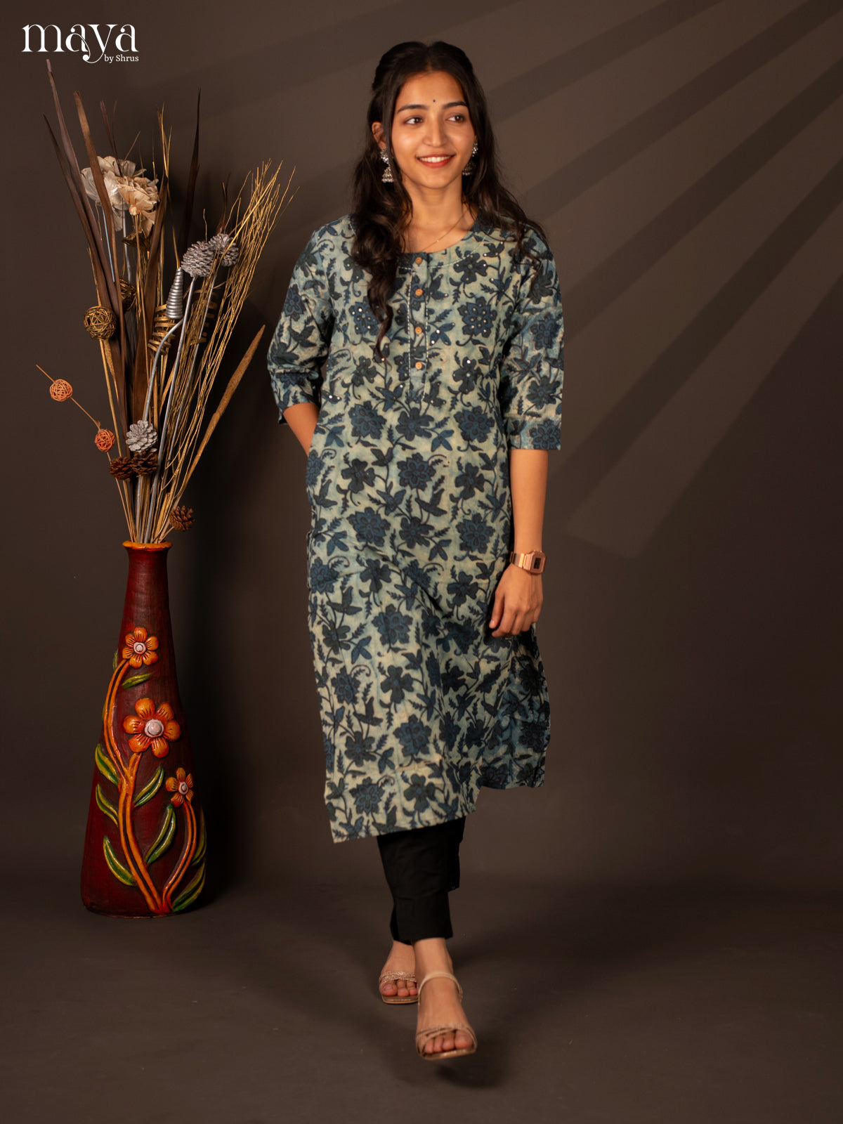 Blue Floral Printed Cotton Kurti