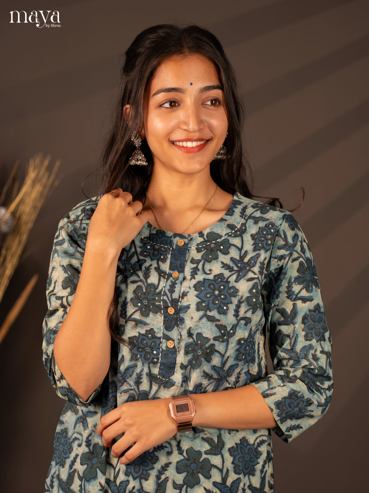 Blue Floral Printed Cotton Kurti