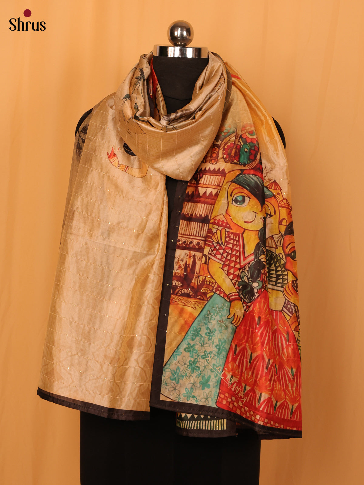Cream Digital Print Semi Silk Dupatta - MCL28100