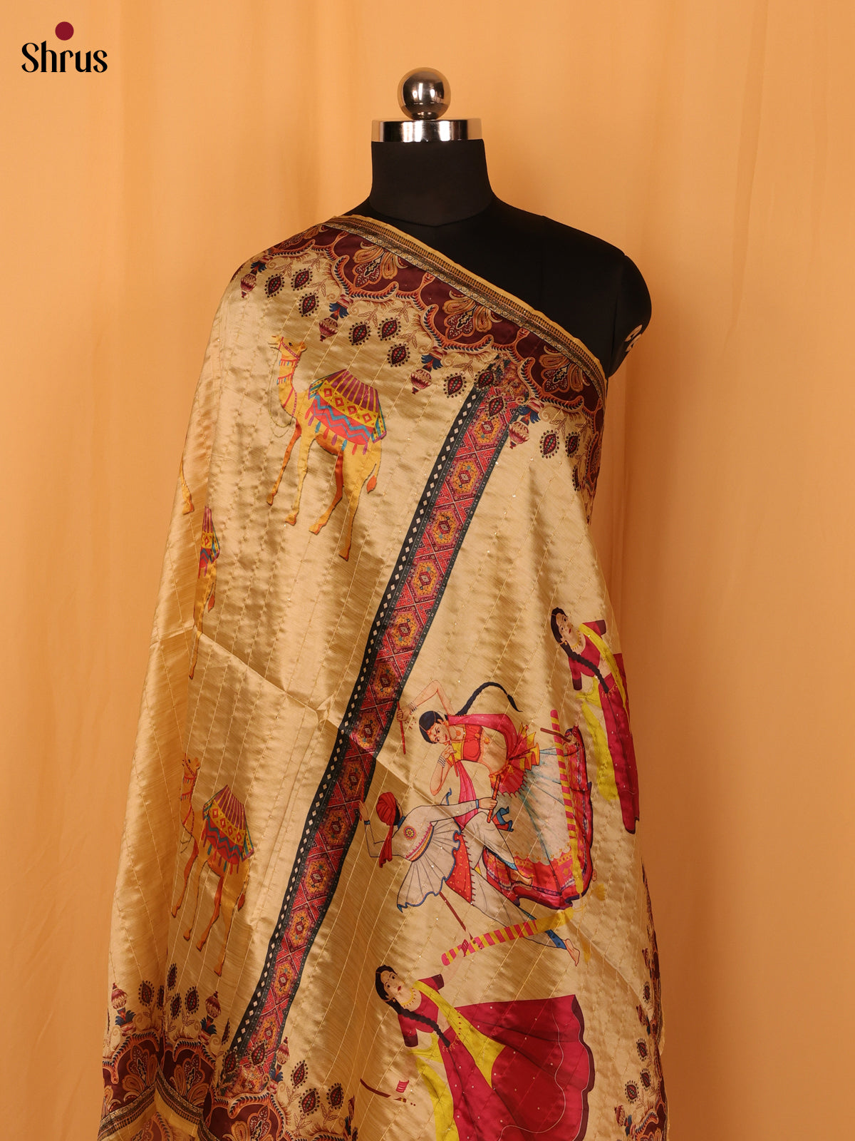 11A Cream Digital Print Semi Silk Dupatta - MCL28107