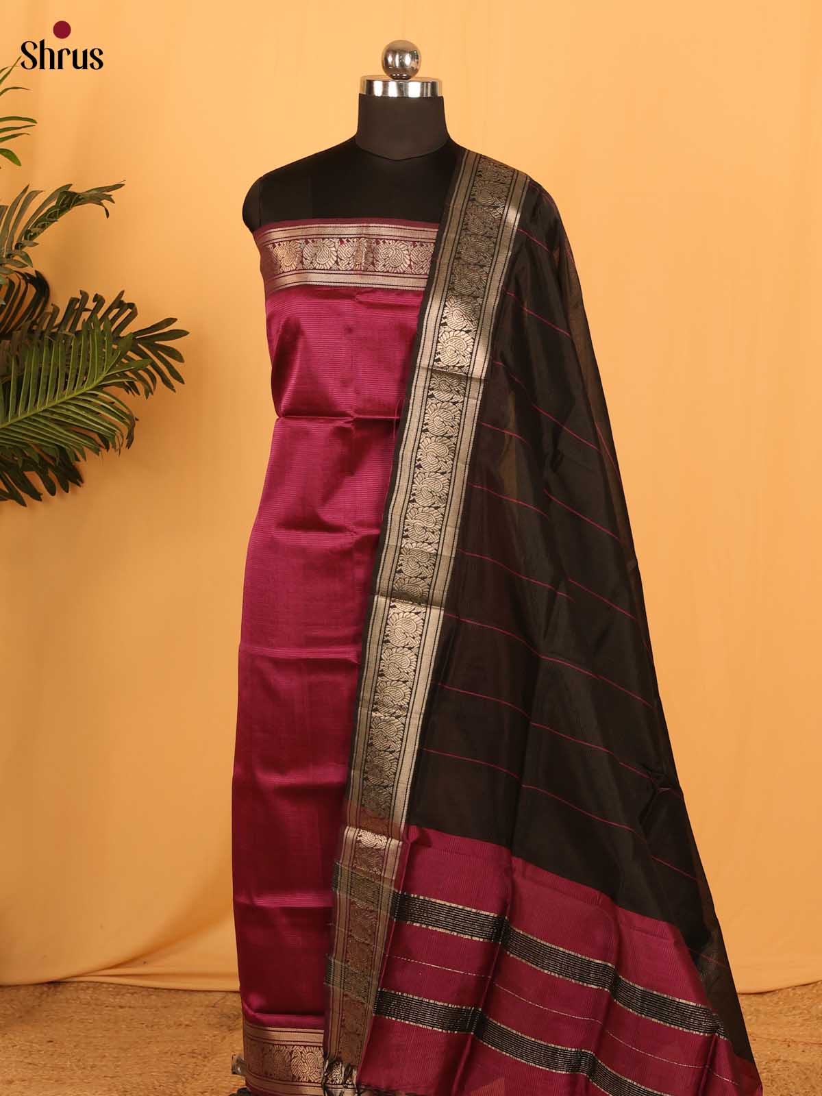 Maroon with Black Managalagiri Cotton Unstitched Suit Set