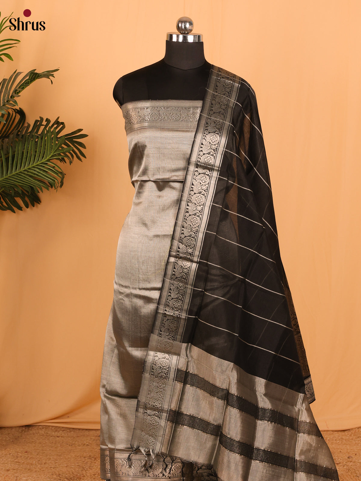 Grey with Black Managalagiri Cotton Unstitched Top & Dupatta - MDA04011 - Shop on Shrus.com