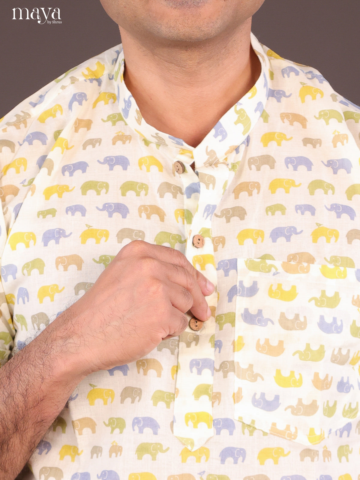 Cream Cotton Elephant Printed Short Men Kurta