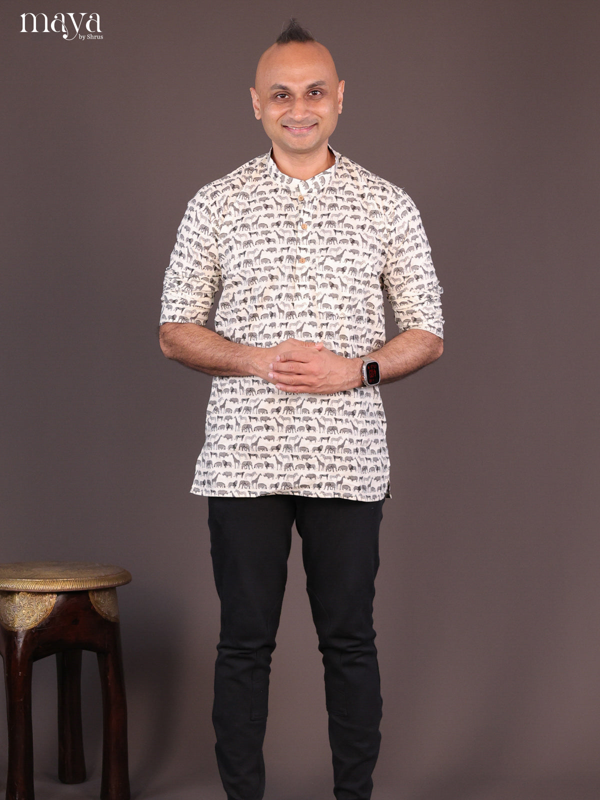 Cream Cotton Animal Printed Short Men Kurta