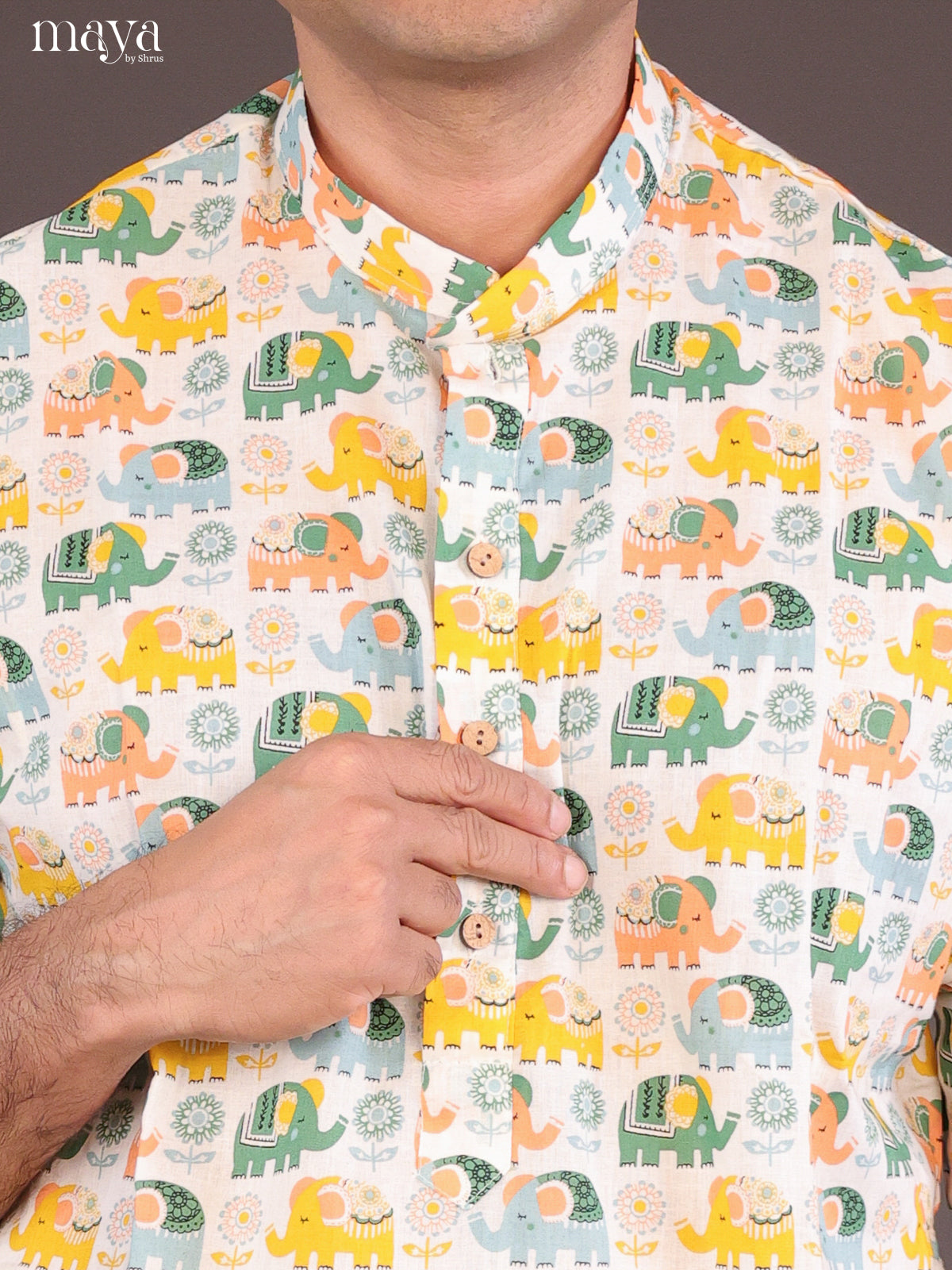Cream Cotton Elephant Printed Long Men Kurta