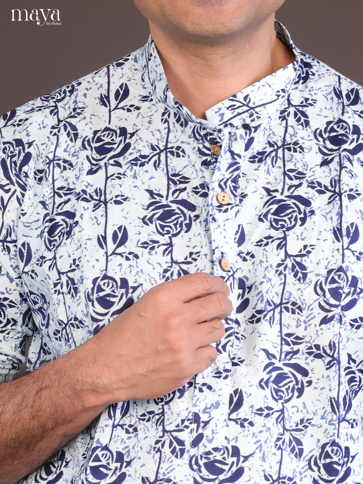 Blue Cotton Block Printed Long Men Kurta