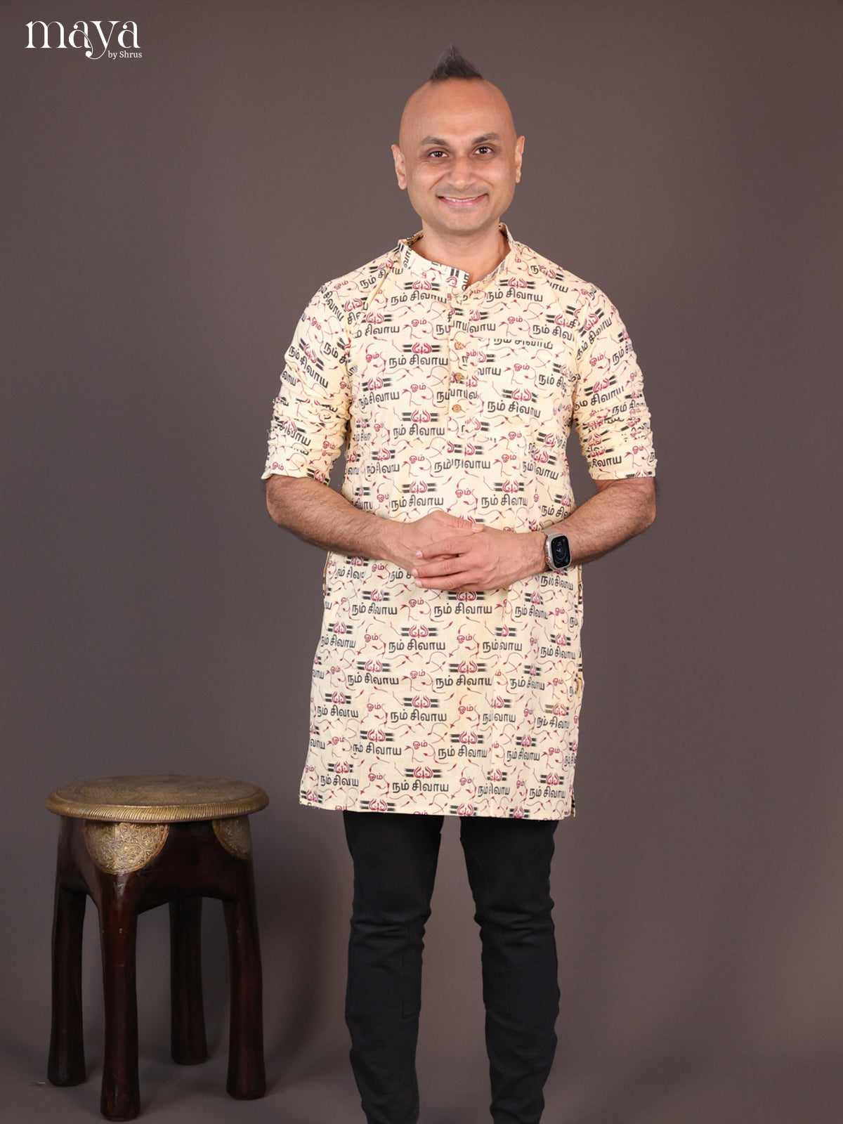 Yellow Cotton Divine Printed Short Men Kurta