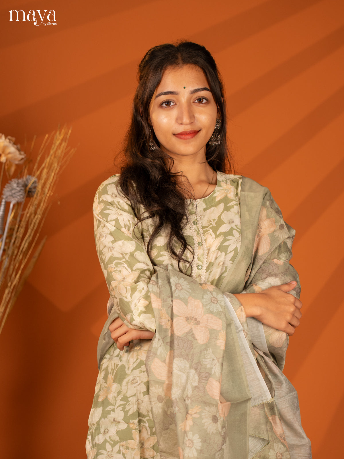 Green Rayon 3Pc Salwar With Floral Print - Top, Bottom & Dupatta