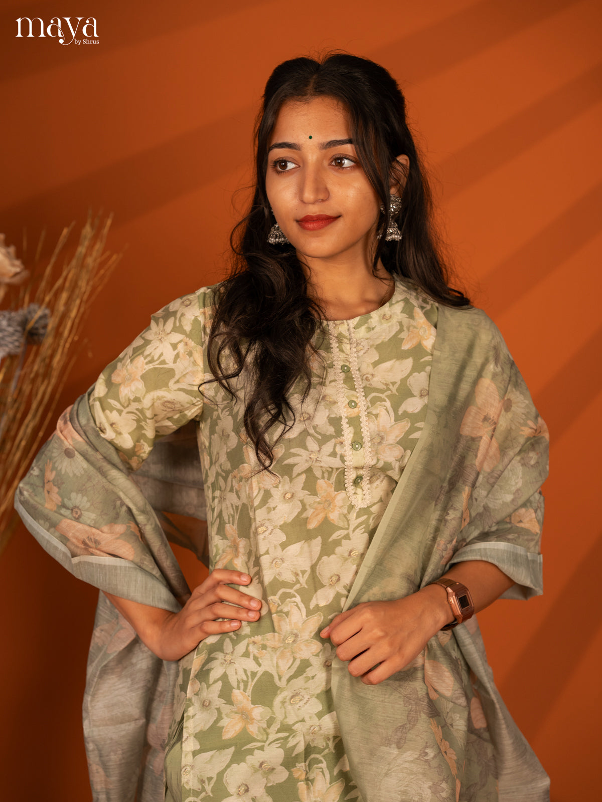 Green Rayon 3Pc Salwar With Floral Print - Top, Bottom & Dupatta
