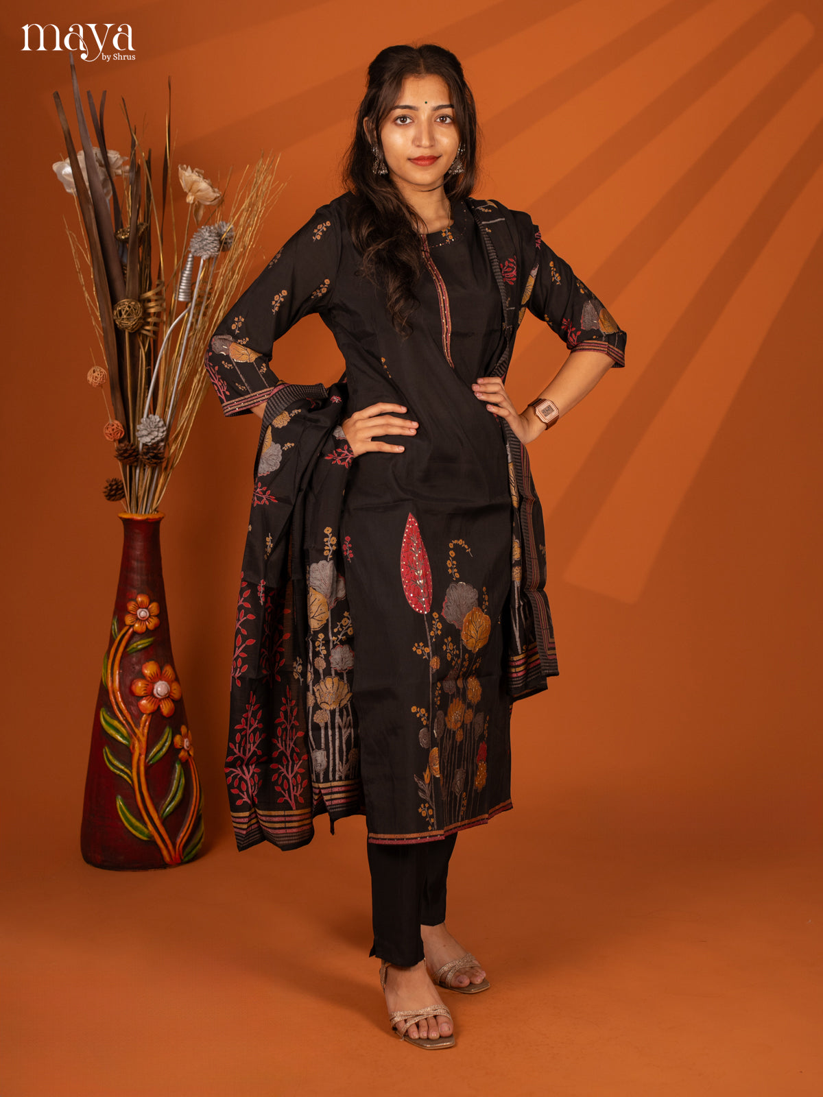 Embroidered Semi Georgette Black 3Pc Salwar Suit- Top, Bottom & Dupatta
