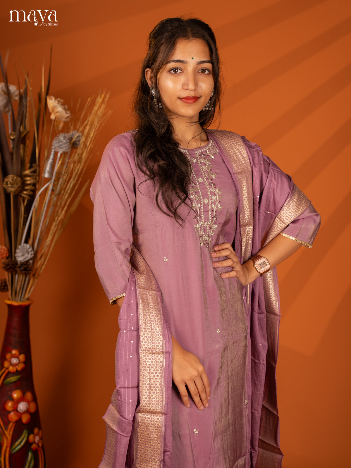 Embroidered Rayon Purple 3Pc Salwar Suit- Top, Bottom & Dupatta