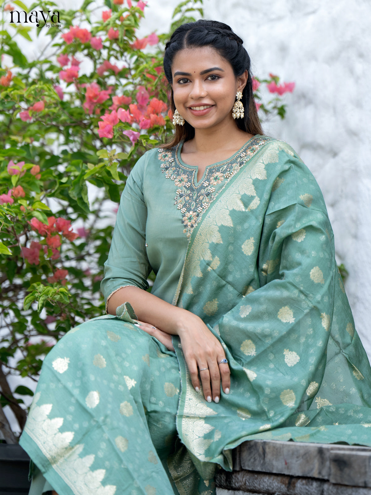 Embroidered Rayon Green 3Pc Salwar Suit- Top, Bottom & Dupatta