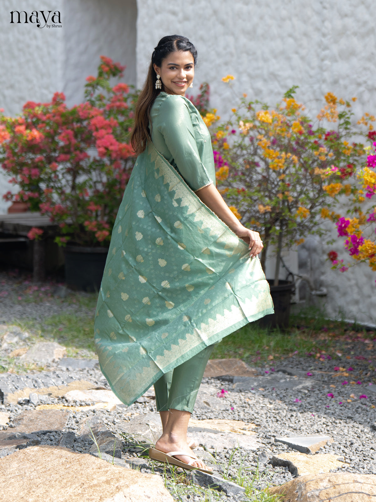 Embroidered Rayon Green 3Pc Salwar Suit- Top, Bottom & Dupatta