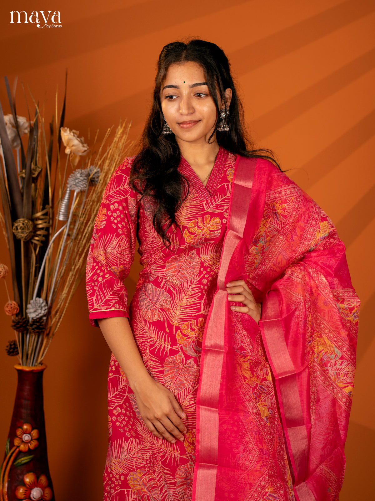 Pink Cotton 3 Pc Salwar With Floral Print - Top, Bottom & Dupatta