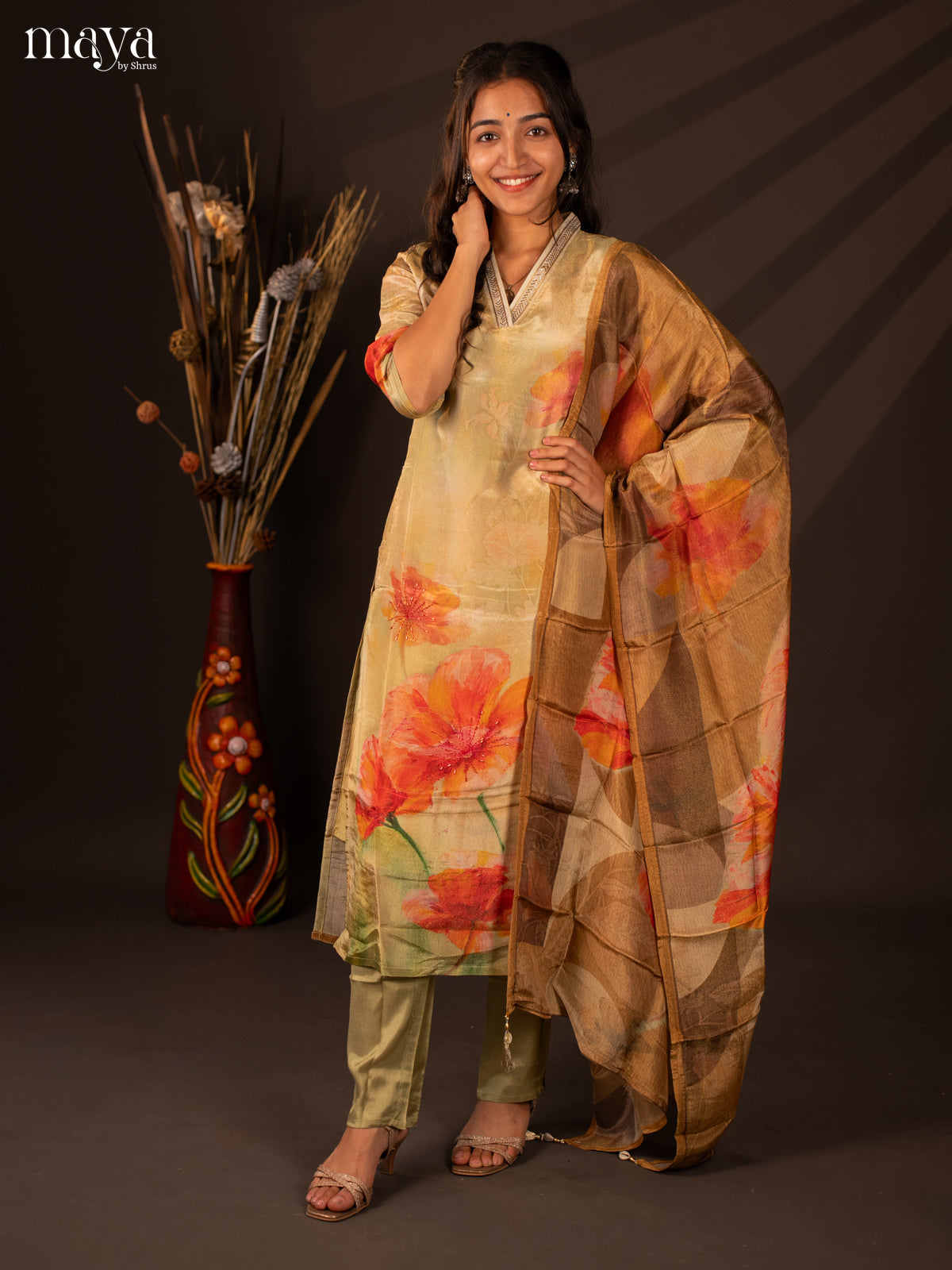 Embroidered Semi Georgette Green 3Pc Salwar Suit- Top, Bottom & Dupatta