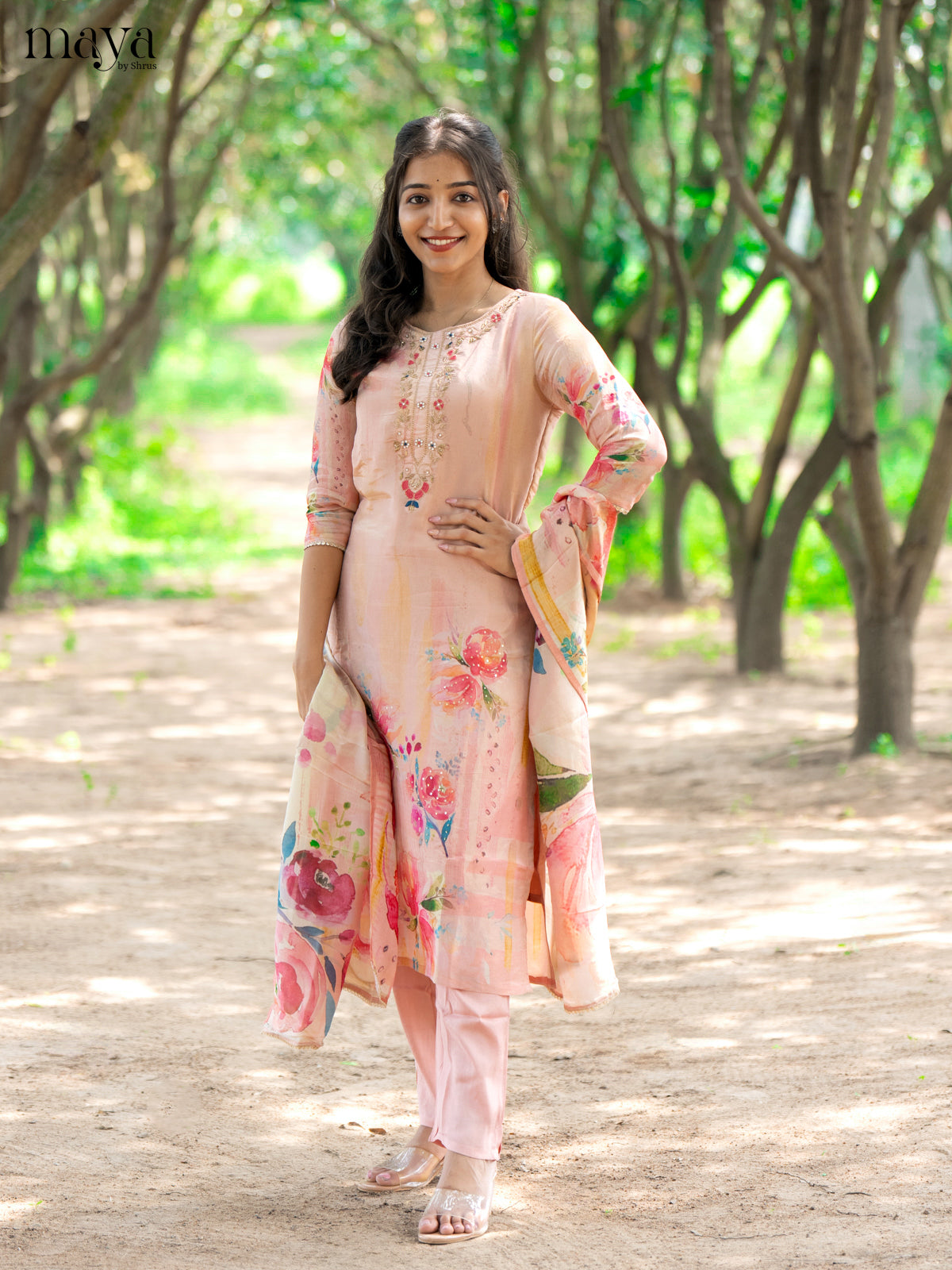 Embroidered Rayon Peach 3Pc Salwar Suit - Top, Bottom & Dupatta