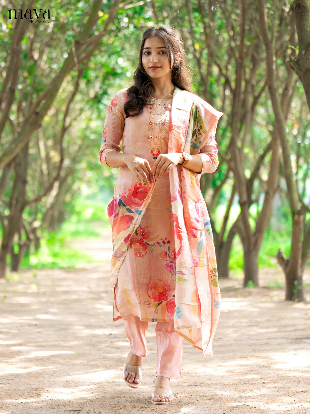 Embroidered Rayon Peach 3Pc Salwar Suit - Top, Bottom & Dupatta