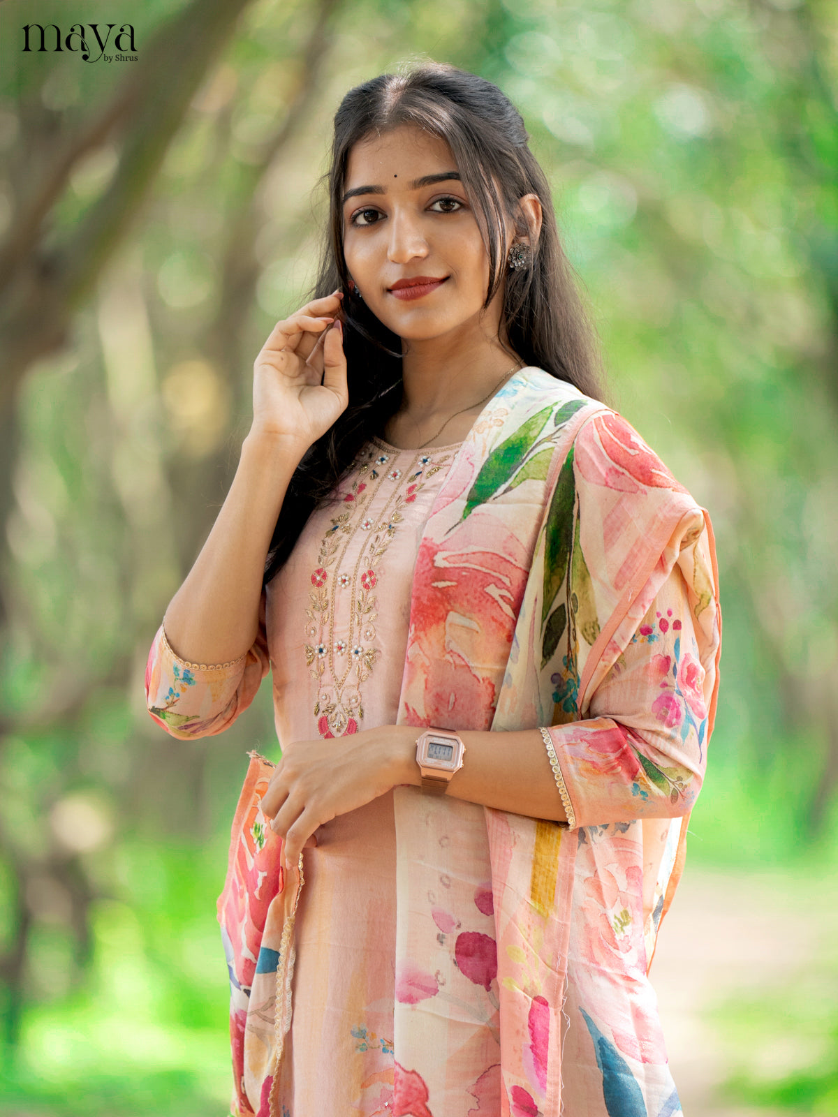 Embroidered Rayon Peach 3Pc Salwar Suit - Top, Bottom & Dupatta