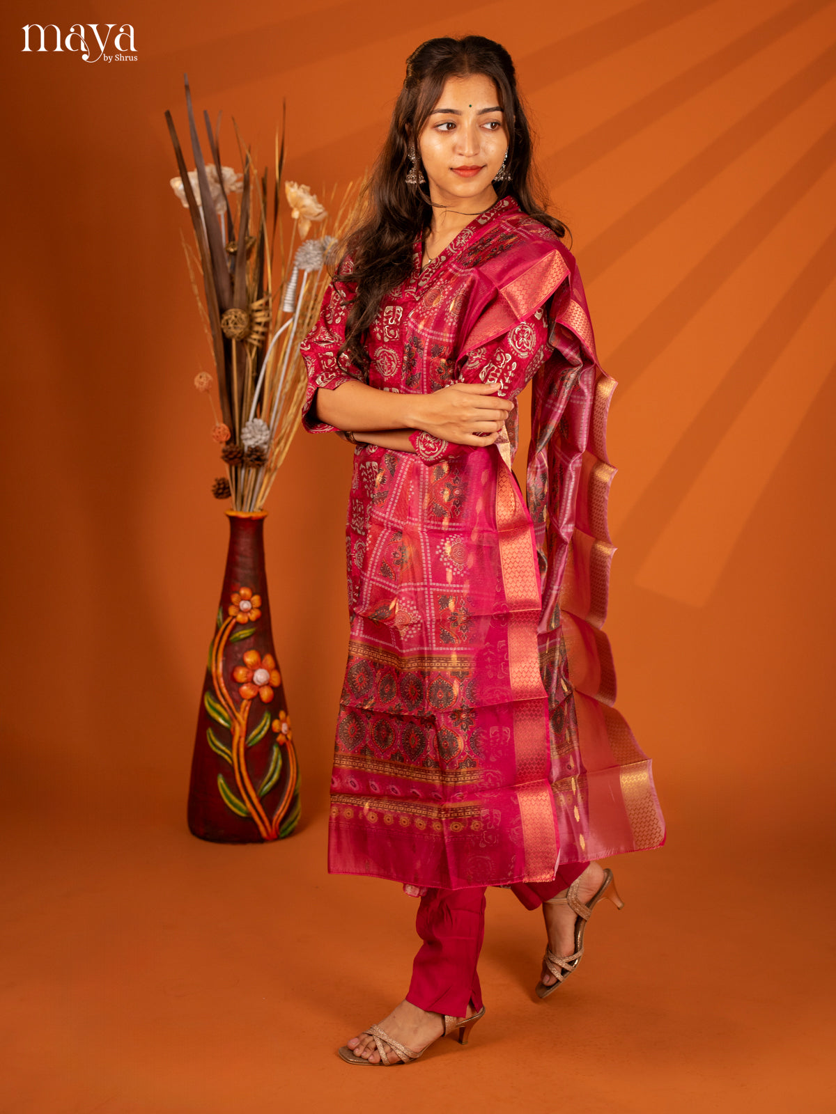 Magenta Semi Crepe 3 Pc Salwar with Batik Print - Top, Bottom & Dupatta