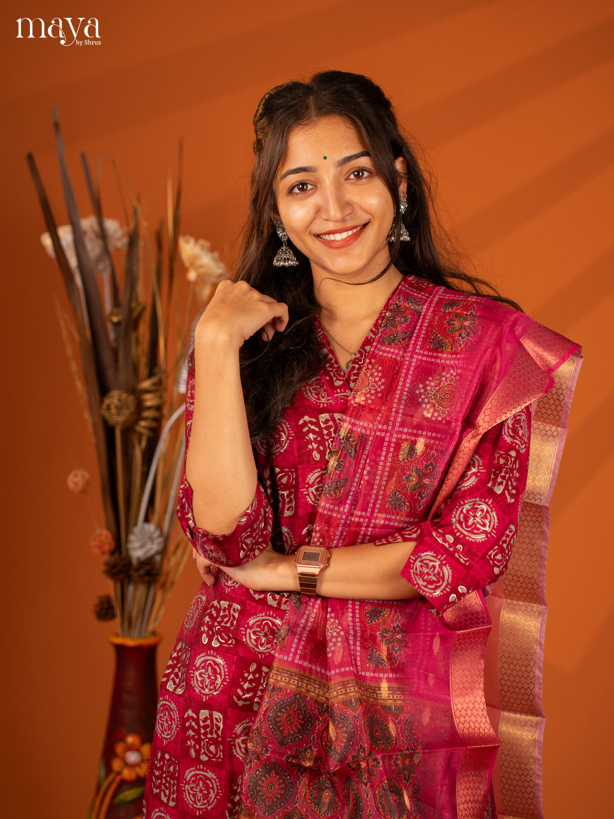 Magenta Semi Crepe 3 Pc Salwar with Batik Print - Top, Bottom & Dupatta
