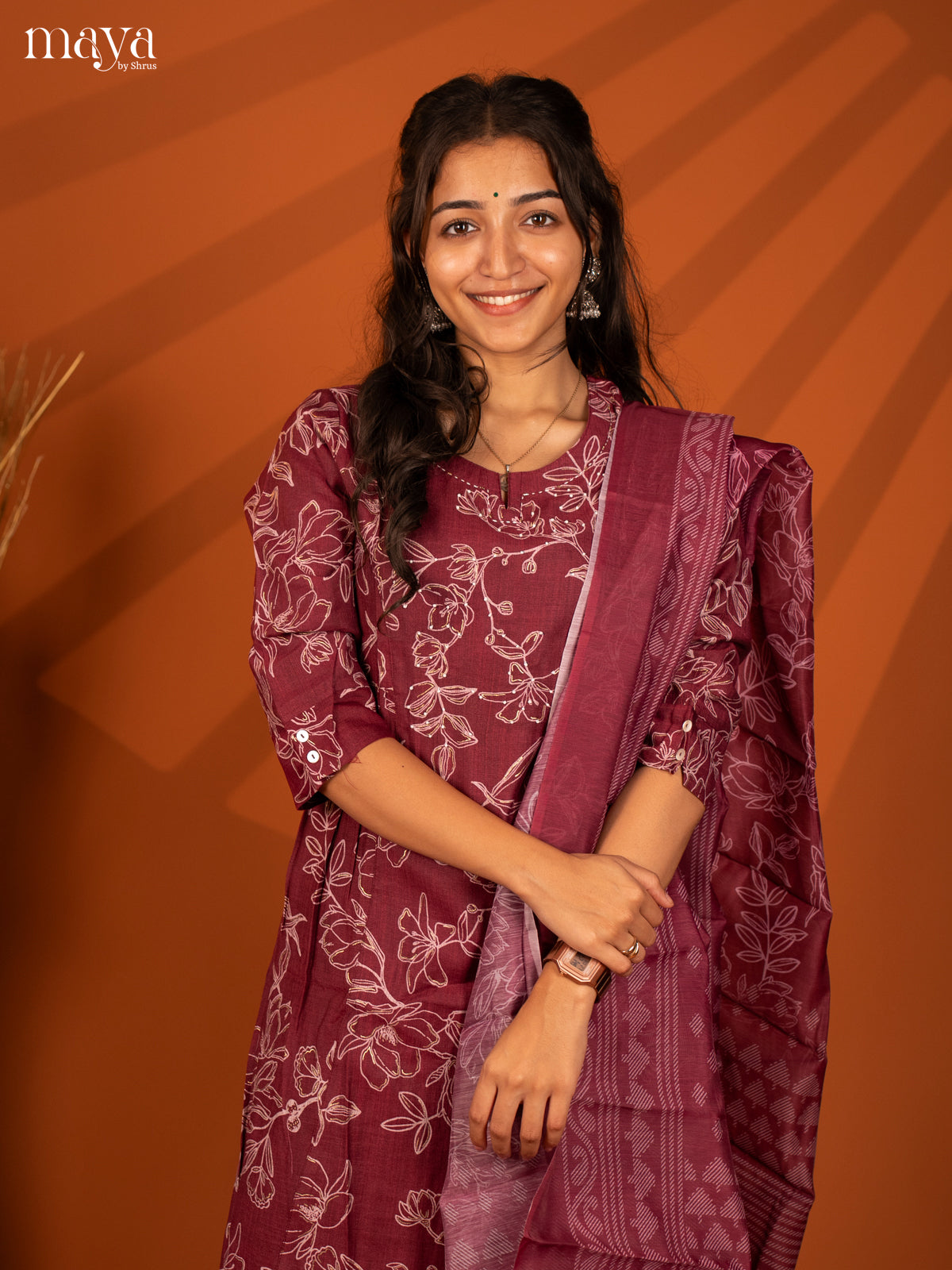 Magenta Cotton 3 Pc Printed Salwar Suit - Top, Bottom & Dupatta - Shop on Shrus.com
