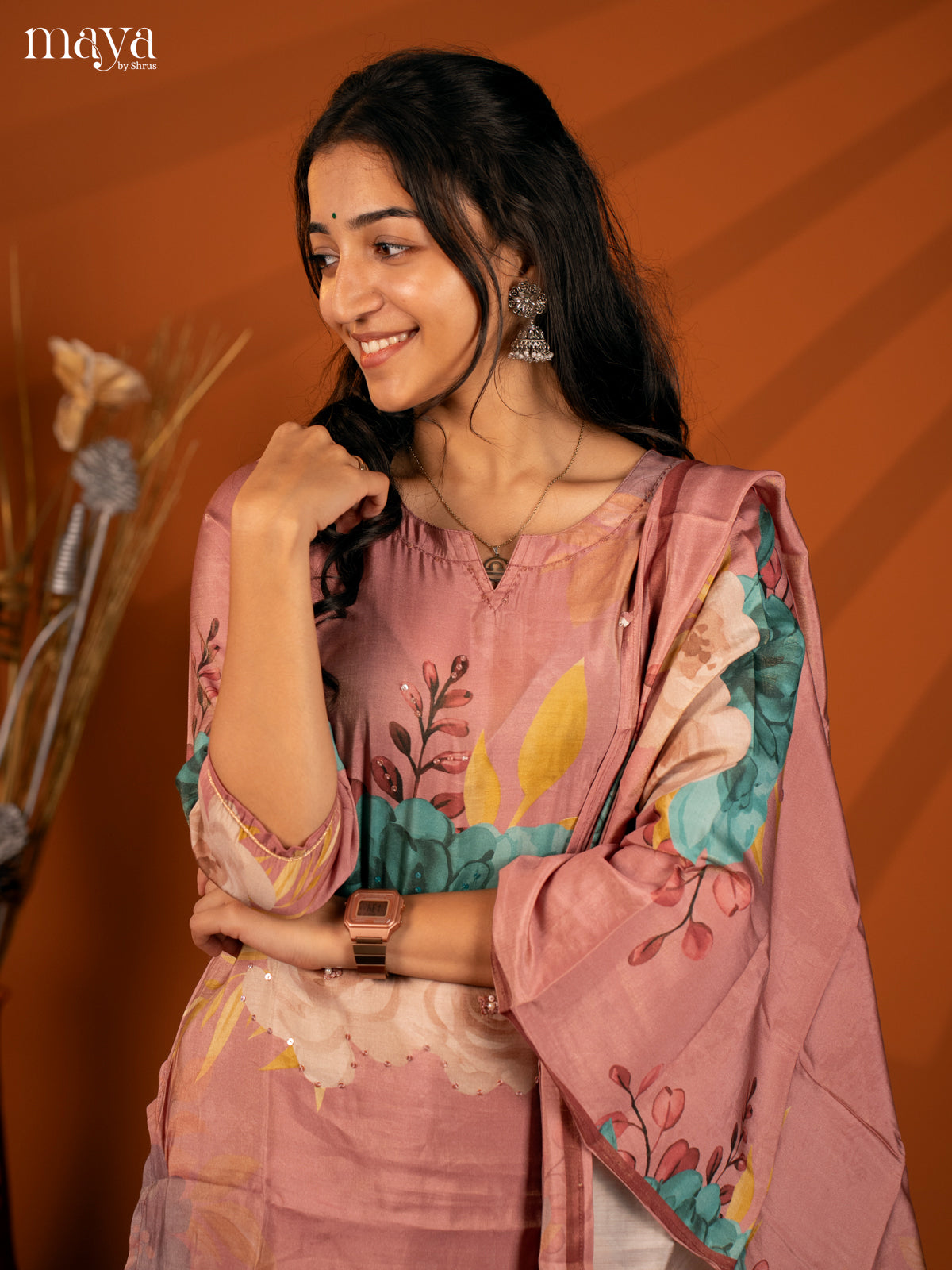 Pink Semi Crepe 3 Pc Salwar With Floral Print - Top, Bottom & Dupatta