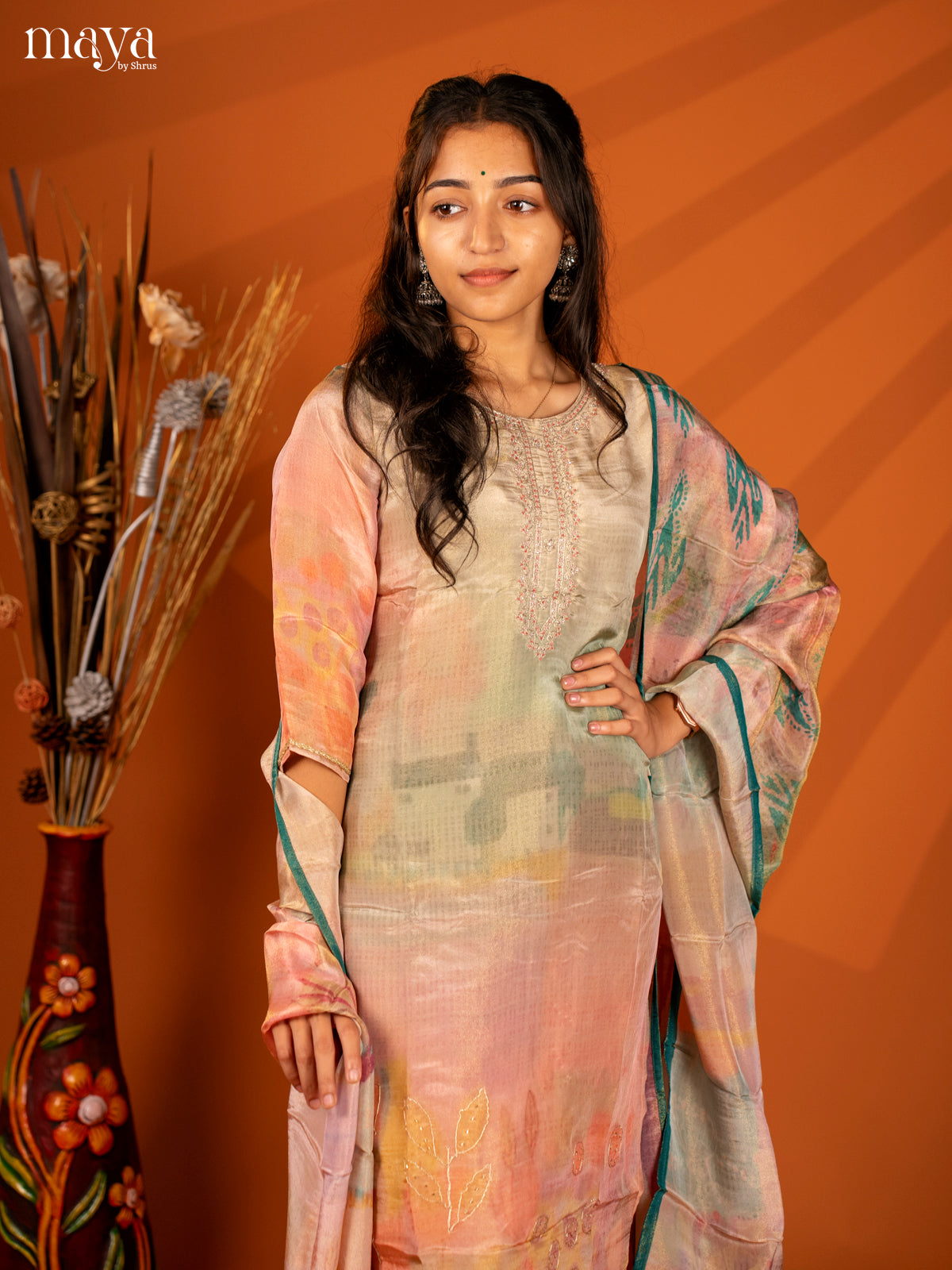 Embroidered Semi Georgette Green 3Pc Salwar Suit- Top, Bottom & Dupatta