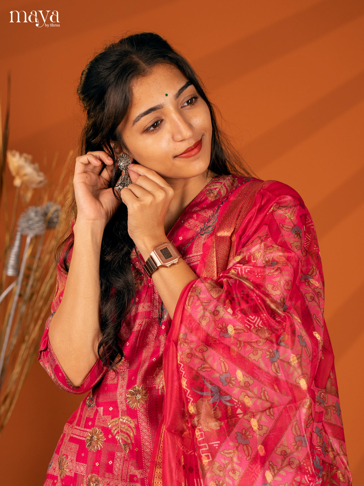 Pink Cotton 3 Pc Salwar With Floral Print - Top, Bottom & Dupatta