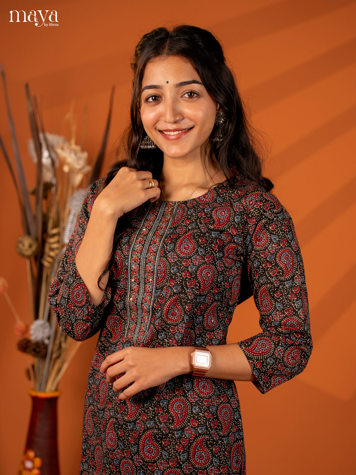 Black Ajrakh Printed Cotton Kurti