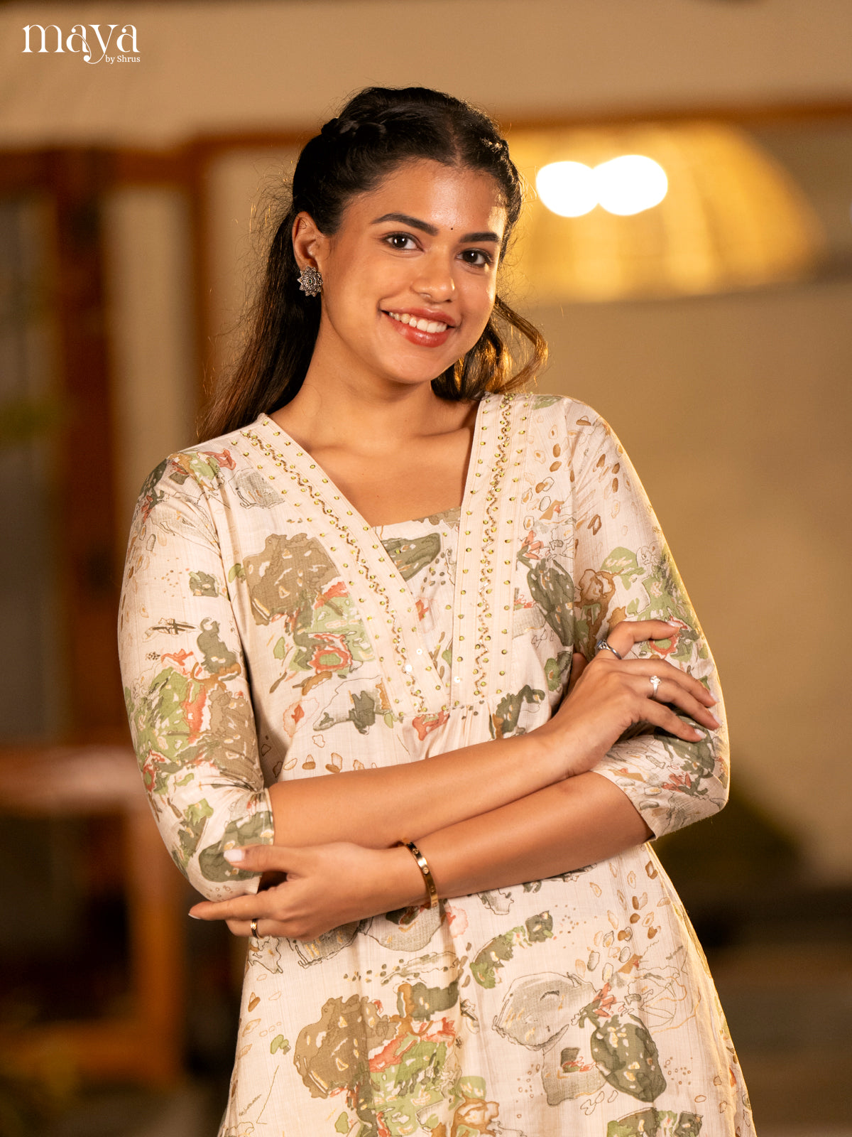 Cream with Yellow Printed Rayon Kurti
