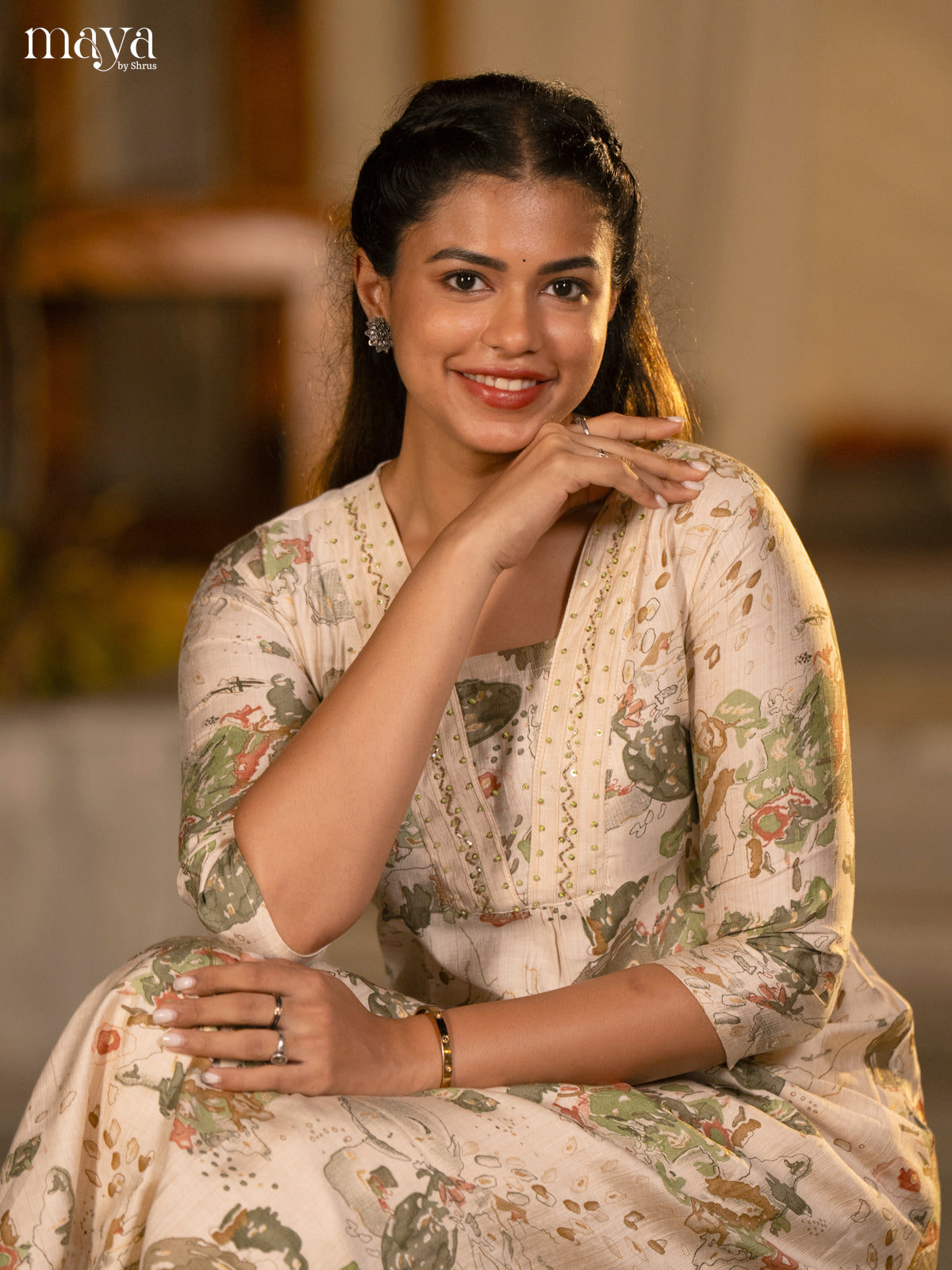 Cream with Yellow Printed Rayon Kurti
