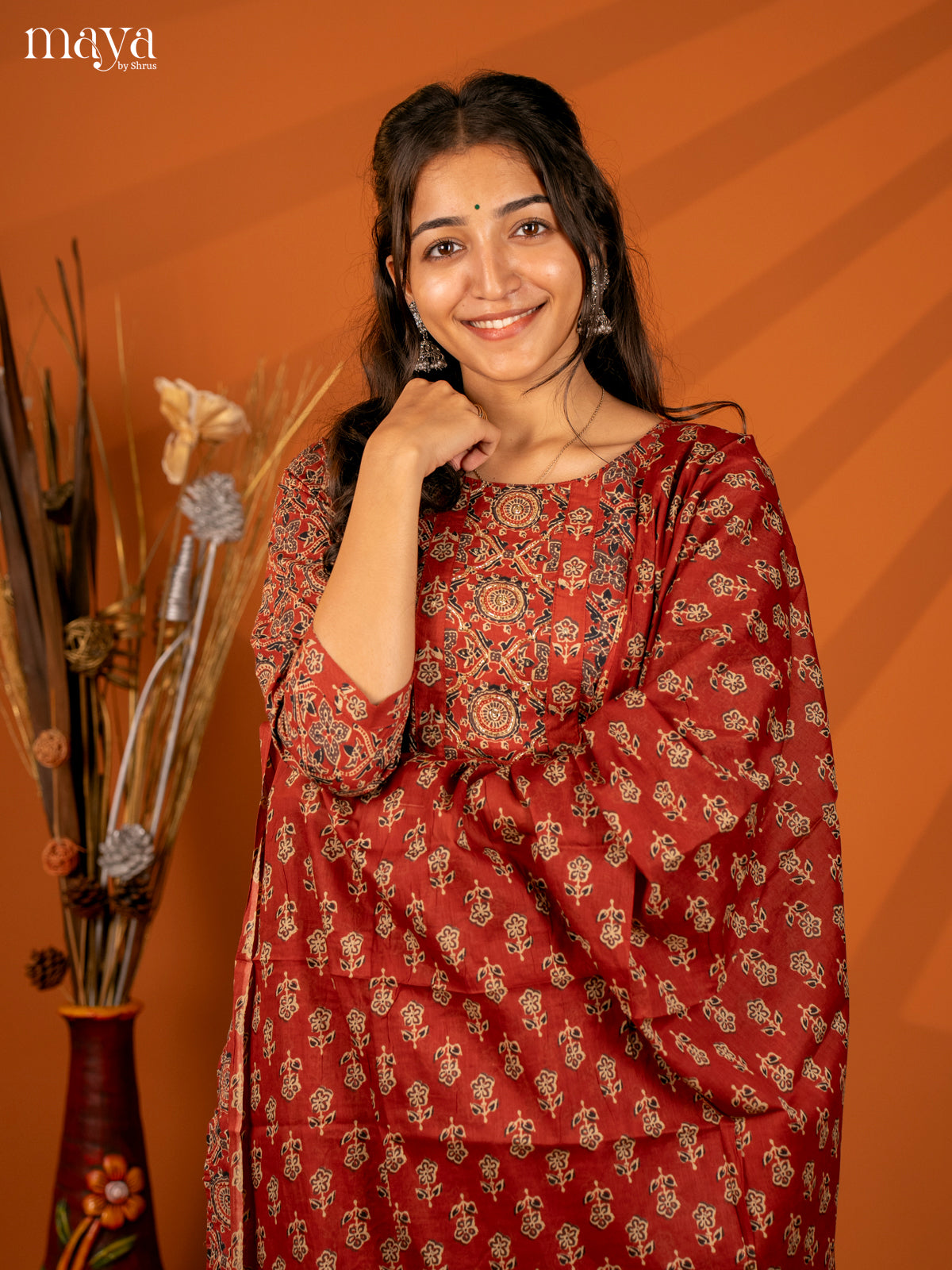Brown Cotton 3PC Salwar with Block Print - Top, Bottom & Dupatta