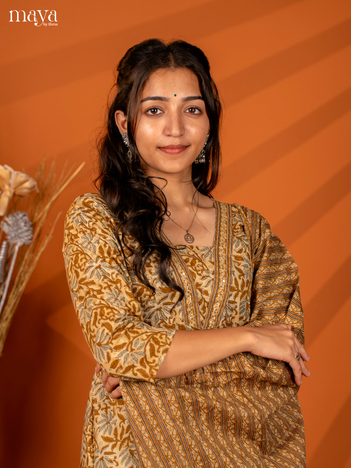 Brown Cotton 3PC Salwar with Block Print - Top, Bottom & Dupatta