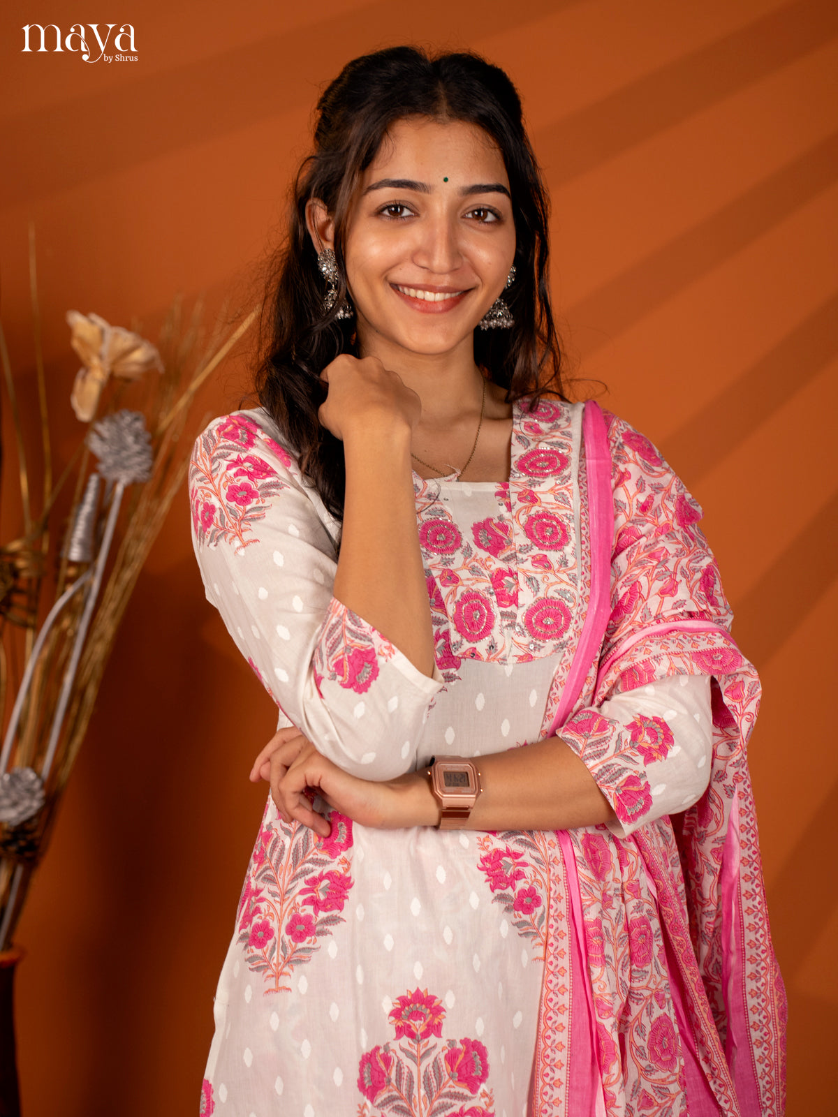 White Cotton 3Pc Salwar with Floral Print - Top, Bottom & Dupatta