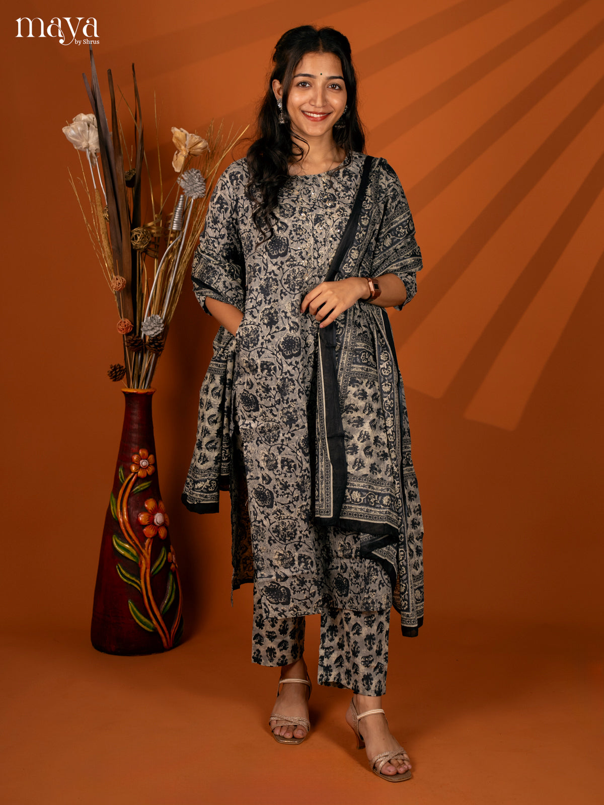Grey Cotton 3Pc Salwar with Floral Print - Top, Bottom & Dupatta