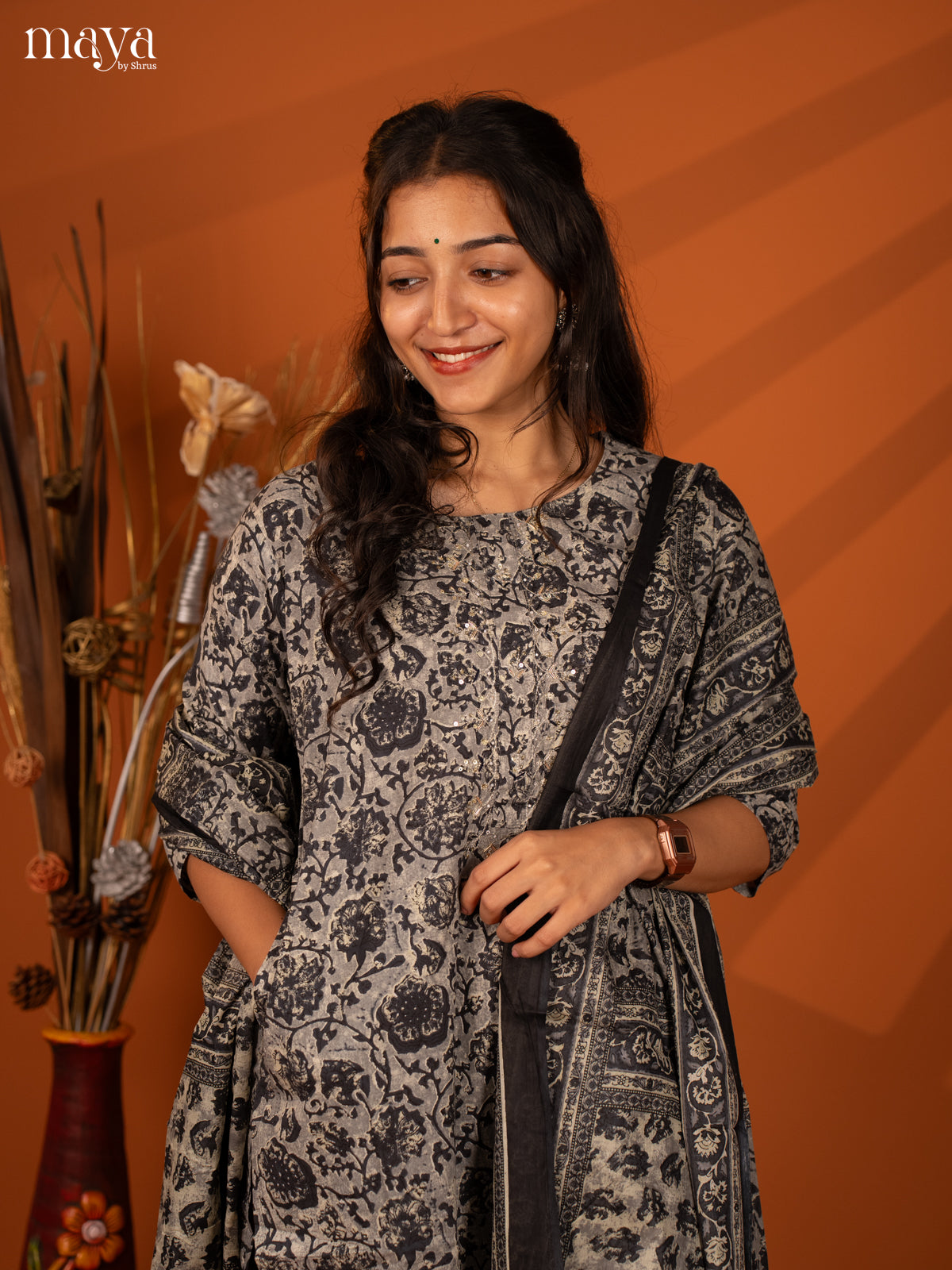 Grey Cotton 3Pc Salwar with Floral Print - Top, Bottom & Dupatta