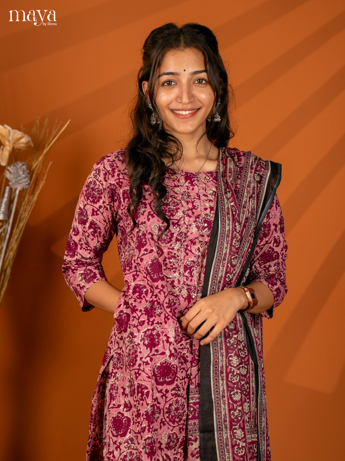 Pink Cotton 3Pc Salwar with Floral Print - Top, Bottom & Dupatta