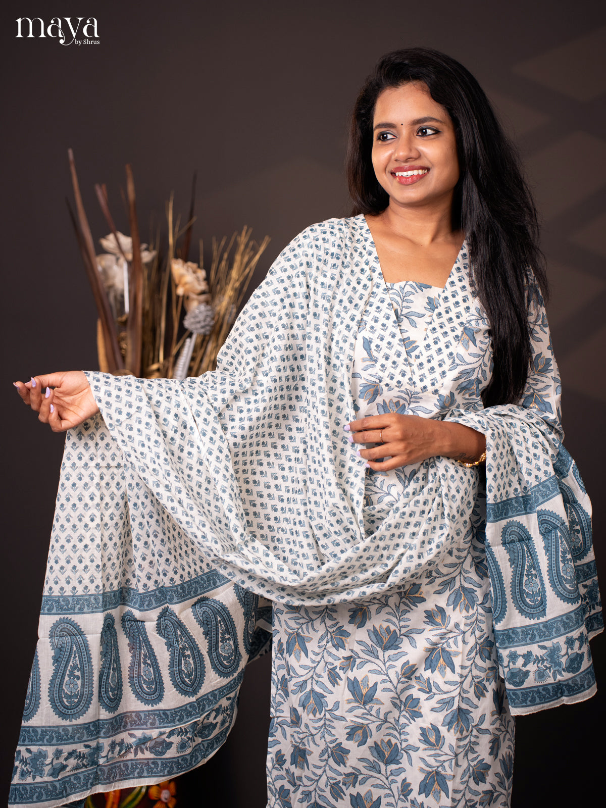 White Cotton 3Pc Salwar with Floral Print - Top, Bottom & Dupatta