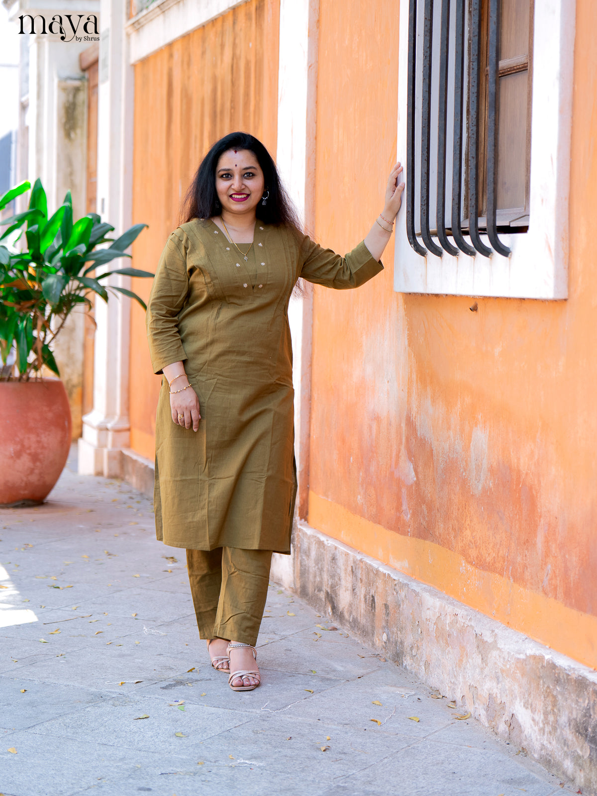Green Cotton 2Pc Solid Salwar Suit - Top & Bottom