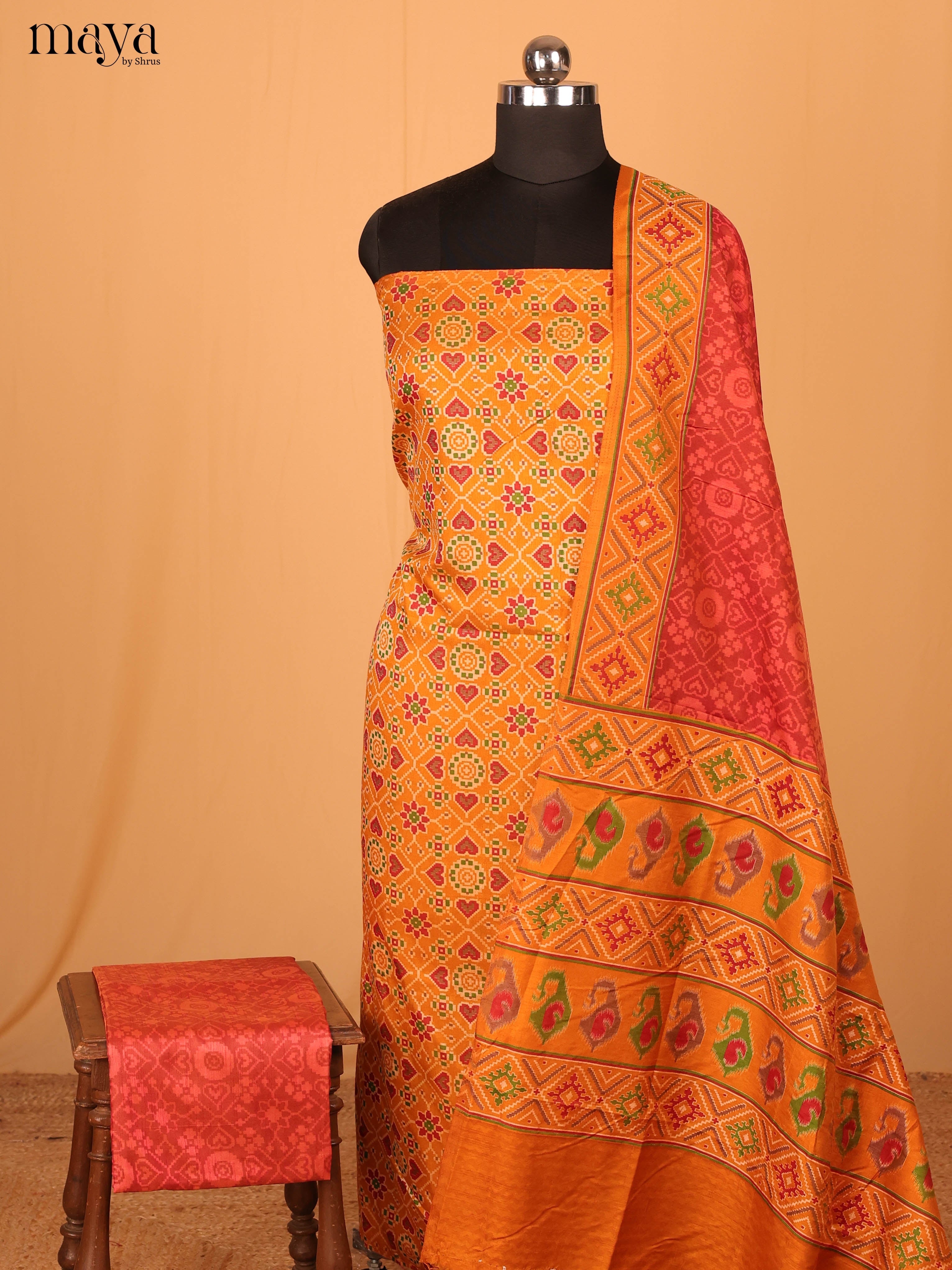 Mustard Yellow & Pink Semi Patola Unstitched Top, Bottom & Dupatta - MDB04004