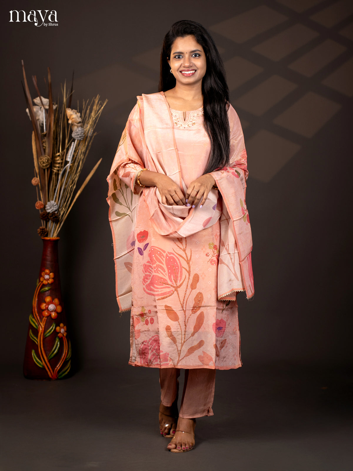 Embroidered Semi Raw Silk 3Pc Peach Salwar Suit - Top, Bottom & Dupatta