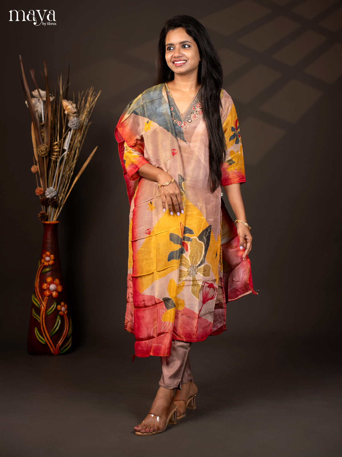 Embroidered Semi Raw Silk 3Pc Multi Colour Salwar Suit - Top, Bottom & Dupatta
