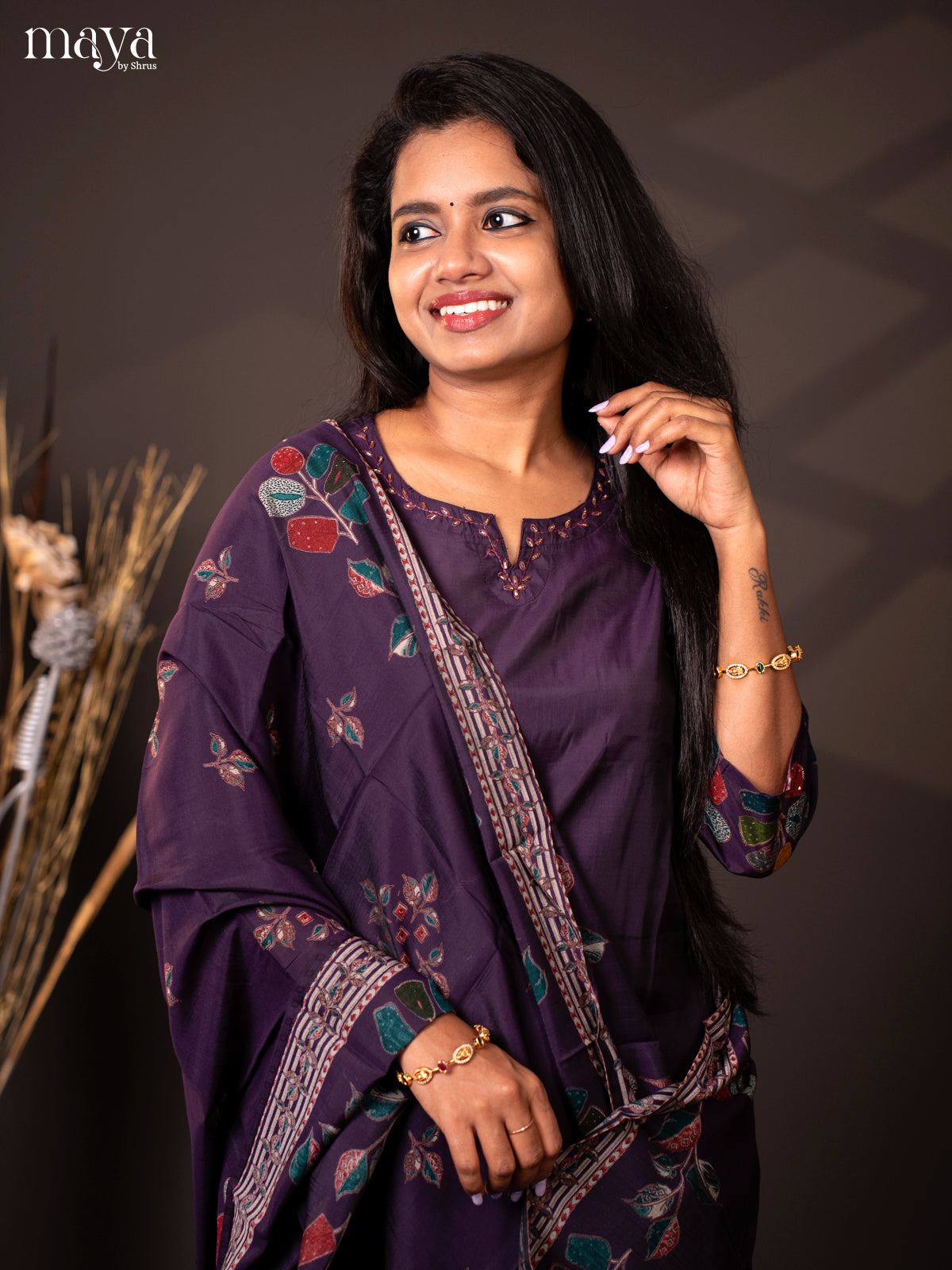 Purple Linen Cotton 3Pc Salwar Suit with Bead Work - Top, Bottom & Dupatta